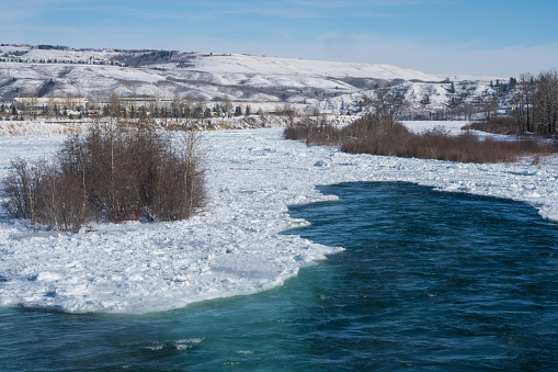 River freezing over during cold winter temperatures