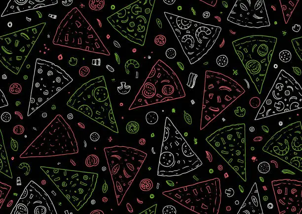 Vector illustration of Seamless Italian pizza sketch on black background