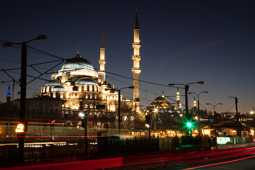 View of yeni cami Mosque from Istanbul streets at night