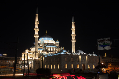 View of yeni cami Mosque from Istanbul streets at night
