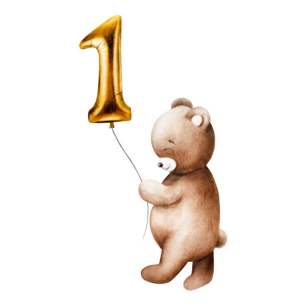 Watercolor cute cartoon teddy bear with golden foil balloon number 1 on a string. Hand drawn baby illustration isolated on white background. Lovely toy for baby and kids new born celebration, designers, prints, baby shower, postcards, wrapping paper Watercolor cute cartoon teddy bear with golden foil balloon number 1 on a string. Hand drawn baby illustration isolated on white background. Lovely toy for baby and kids new born celebration, designers, prints, baby shower, postcards, wrapping paper, girl levitating stock illustrations