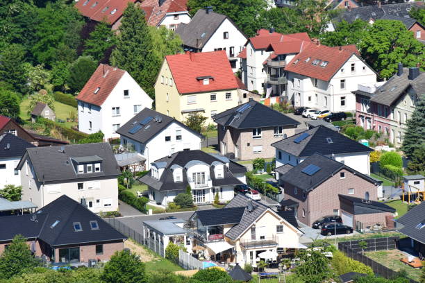 Suburban detached and semi-detached houses from a bird's eye view
