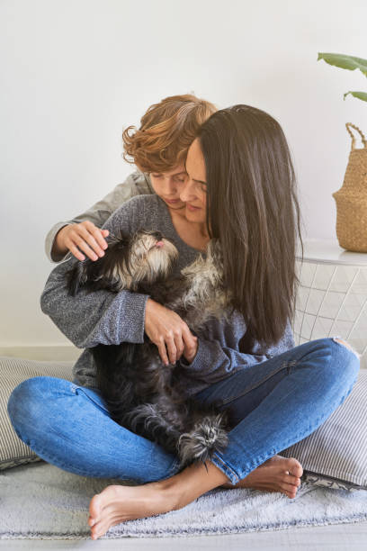 istock Mother and son hugging dog together at home 1990696278