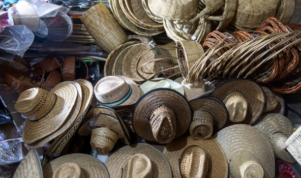 istock Baskets and handmade objects made of palm leaves woven in Mexico, with space for text 1990709247
