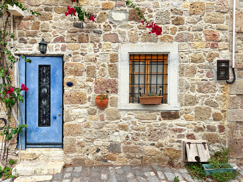 Architectural detail from old stone house in small town Foca, Izmir, Aegean Turkey