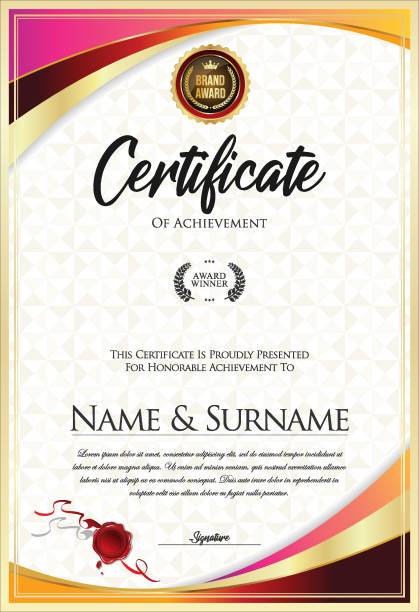 certificate with golden seal and colorful design border - elegance seal stamper retro revival design element stock illustrations