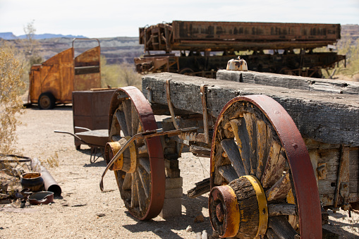 Day time view of historic rusted mining equipment in Ajo, Arizona, USA.