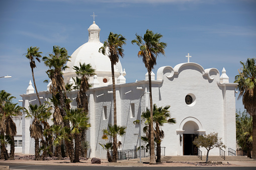 Daytime view of historic buildings in downtown Ajo, Arizona, USA.