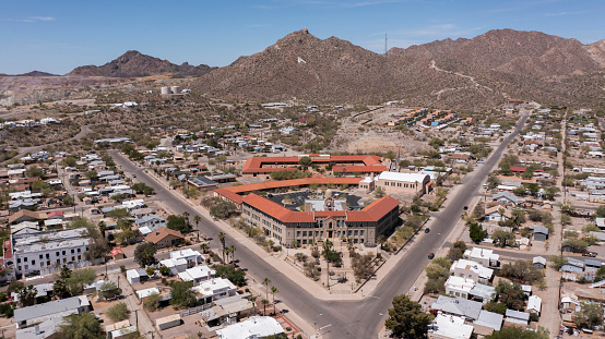 Aerial view of the historic downtown area of Ajo, Arizona, USA.