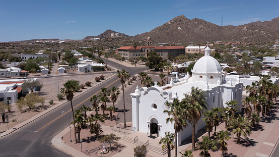 Aerial view of the historic downtown area of Ajo, Arizona, USA.