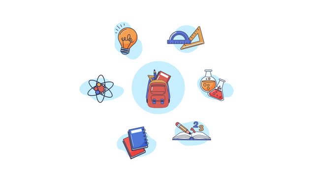 Back to School Animated Education elements Motion Graphics Pack on white background - Animated Icons turning around a Schoolbag with book and pencil