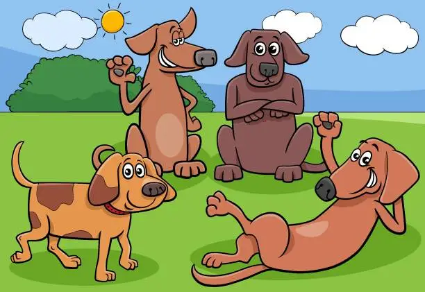 Vector illustration of cartoon dogs and puppies characters group in the meadow