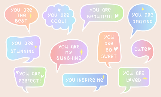 Compliment stickers. Cute speech bubbles with compliments. `Positive stickers with hand written phrases and doodle elements. Self love, motivation or world compliment day theme. Vector illustration.