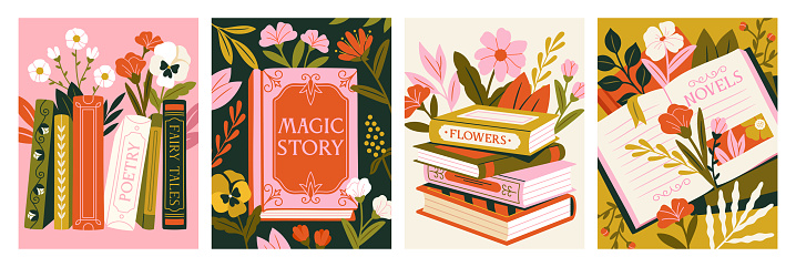 Set of Books with flowers. Posters with literature decorated with blooming wildflowers. Bouquets on poetry book. Love of reading. Cartoon flat vector illustrations isolated on white background