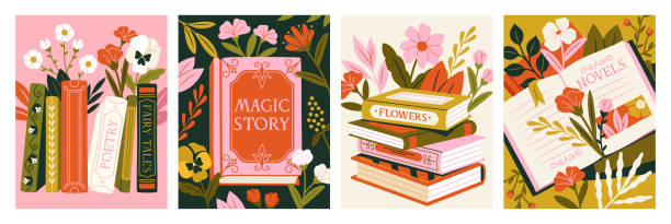Vector Set of Books with flowers Set of Books with flowers. Posters with literature decorated with blooming wildflowers. Bouquets on poetry book. Love of reading. Cartoon flat vector illustrations isolated on white background bunch of flowers images pictures stock illustrations