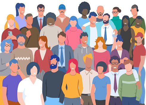 Crowd of diverse people. Banner with group of multiracial men and women standing together. Concept of unity and multicultural community. Cartoon flat vector illustration isolated on white background