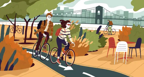 Vector illustration of Bicyclists in eco park vector illustration