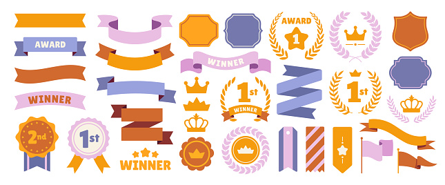 Set of ribbons and awards for winners. Colorful icons with laurels, crowns, gold medals and reward frames. Design elements for stickers. Cartoon flat vector collection isolated on white background