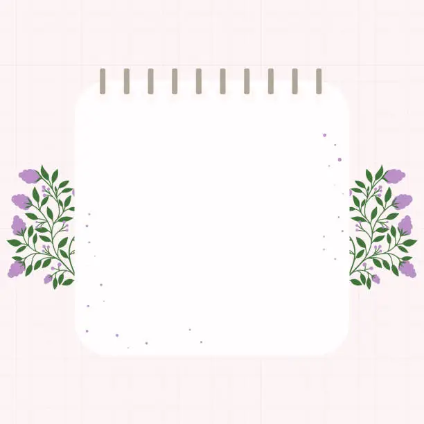 Vector illustration of Cute kawaii purple floral notepad memo pad and social media background