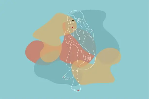 Vector illustration of Girl sitting, full figure line design Boho art