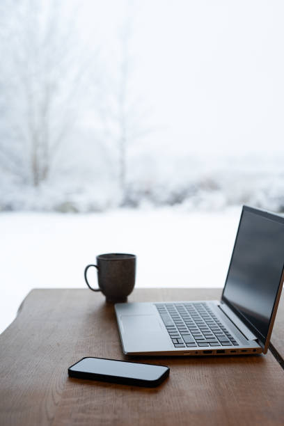 Working from home on a winter day with snow outside