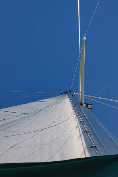 istock White sail and mast with blue sky background 1990821622