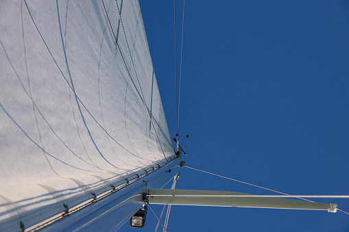 White sail, mast and lines, blue sky background on a sunny day
