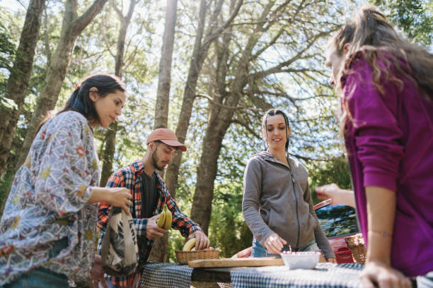 istock Friends having a picnic at a camp in the forest 1990823204
