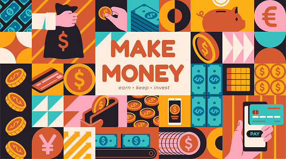 Money and financial literacy. Poster with geometric elements, coins, cash, wallet and currency. Investing, saving and budget management. Expenses and income. Cartoon flat vector illustration