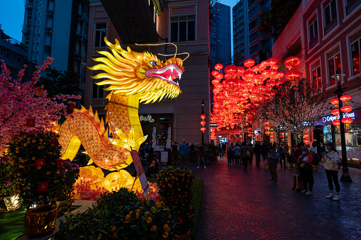 Hong Kong - February 6, 2024 : Chinese New Year decorations at Lee Tung Avenue in Hong Kong to celebrate the Chinese New Year festival and the Year of the Dragon.