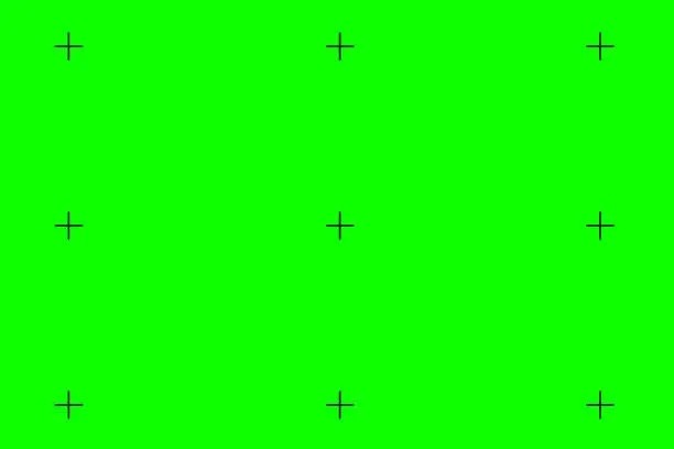 Vector illustration of Green screen chroma key background, viewfinder camera frame, video film screen template, overlay. Cinema display with grid. Vector illustration