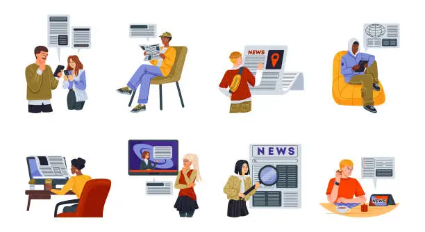 Vector illustration of Vector Set of people reading news