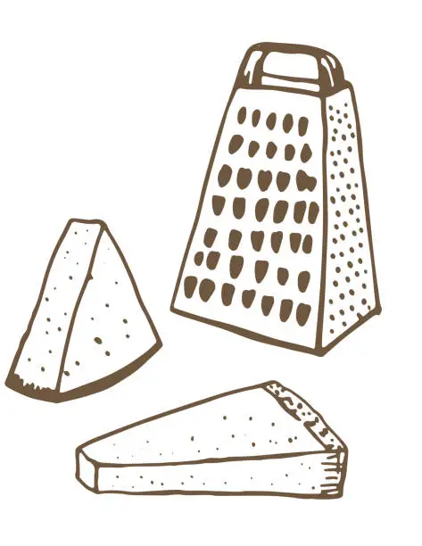 Vector illustration of Hand Drawn Cheese Grater With Parmesan On A Transparent Background