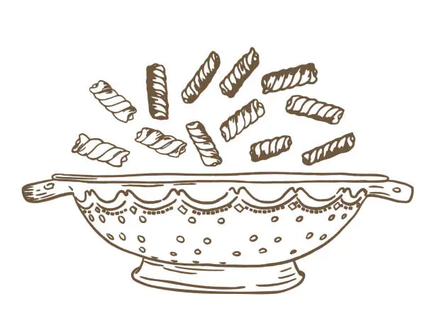 Vector illustration of Hand Drawn  Fusilli Pasta Falling Into A Colander On A Transparent Background