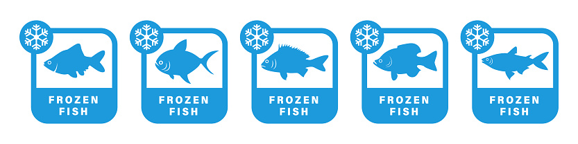 Frozen Fish. Vector stickers for seafood packaging.