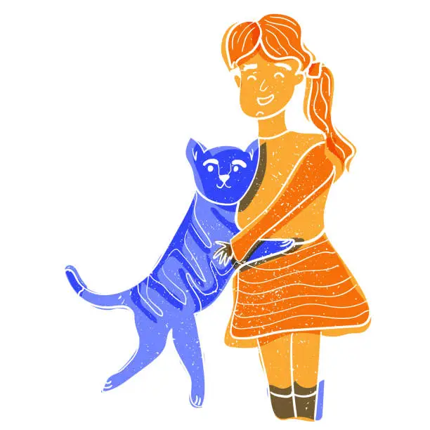Vector illustration of A happy girl hugs her domestic cat. Vector doodle illustration with retro risograph effect.
