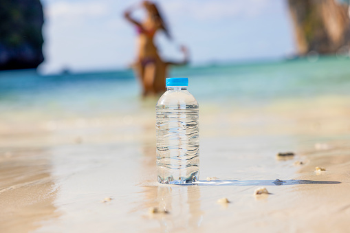 water bottle at the beach,maya bay