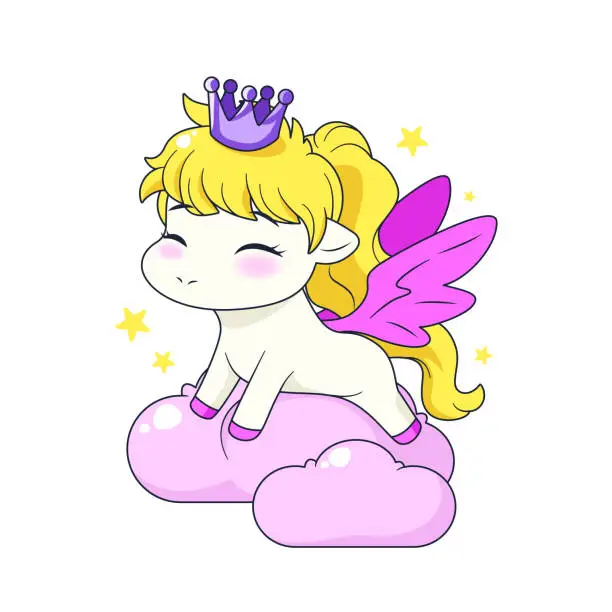 Vector illustration of isolated cartoon pony with crown sitting on a clouds.