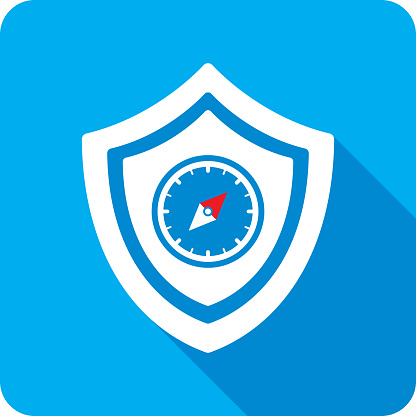 Vector illustration of a shield with compass icon against a blue background in flat style.