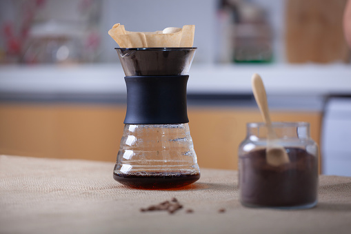 Hand drip coffee brewing on a Coffee House, alternative ways of brewing Coffee, Chemex, Moka Pot, V60