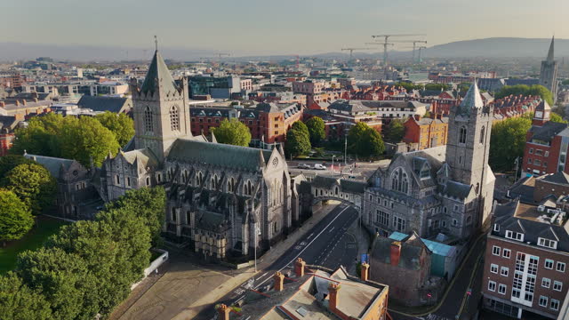 Stone bridge over a road, Aerial view of Christ Church Cathedral in Dublin-Ireland, Crowded city centre, buildings and traffic, Dublin city centre, Aerial view of dublin ireland, Popular tourist destinations in ireland