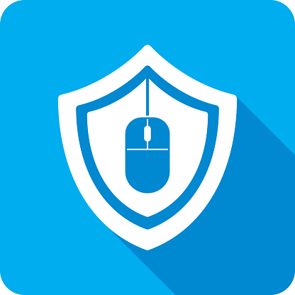 Vector illustration of a shield with computer mouse icon against a blue background in flat style.
