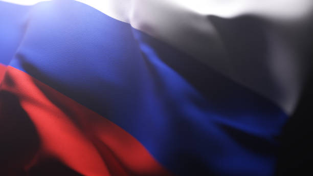The Russia Federation flag fluttering in the wind, dramatic lighting