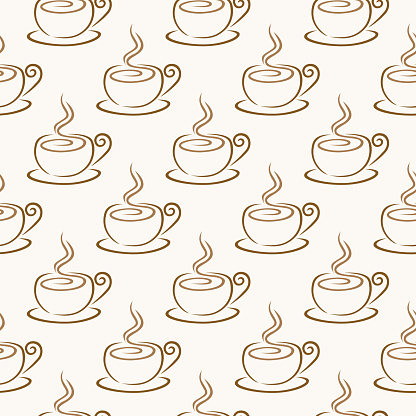 Vector seamless pattern of a brown swirl style cups of coffee with steam on a light cream background.