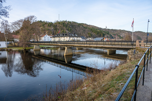 Lindesnes, Norway - december 23 2023: Pedestrian bridge over the river Audna at Vigeland.