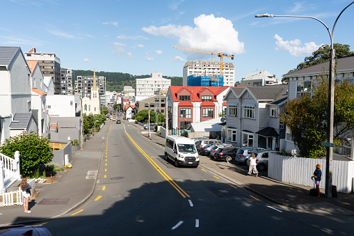 Uitzicht over Wellington vanaf de rand van de stad. Ghuznee street leidt naar het centrum van de stad via een buitenwijk met witte huizen.