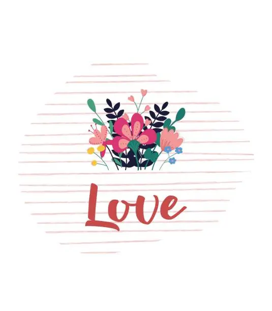 Vector illustration of cute romantic illustration with a bouquet of wildflowers with the inscription love on a delicate pink background in stripes. Vector. For cards, posters, banners, prints for mother's day, wedding, valentine's day, engagement.