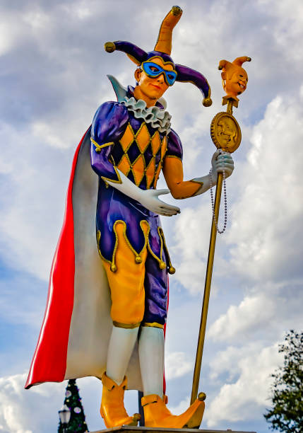 Mobile, Alabama, USA - Feb. 4, 2024: A Mardi Gras jester is commemorated with a statue at Mardi Gras Park, Feb. 4, 2024, in Mobile, Alabama. The park features statues of important figures in the city's Mardi Gras history.