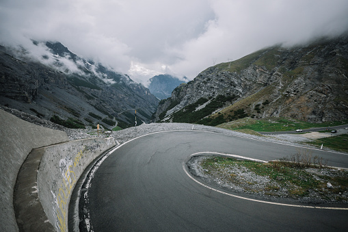 Winding roads in the Italian Alps, near Swiss border, at the Passo dello Stelvio.