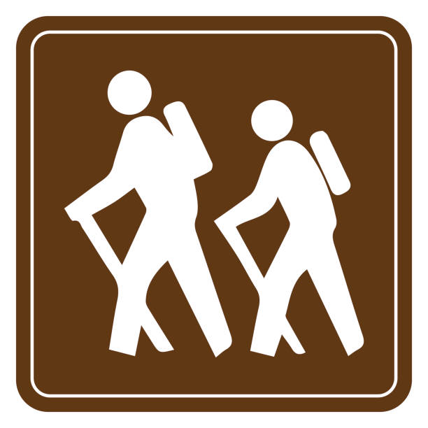 Brown hiking trail sign Vector graphic of sign indicating a hiking trail or path route hiking sign stock illustrations